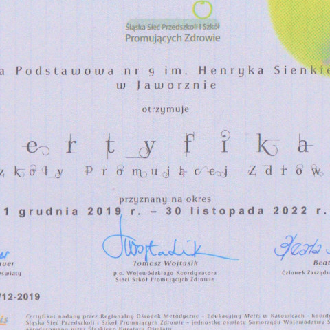 Powiększ obraz: Certyfikat szkoły promującej zdrowie